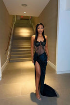 Black Strapless Mermaid Evening Dress with Long Slit and Pleats BM bride