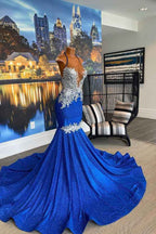 Halter Beautiful Royal Blue Sleeveless Long Mermaid Prom Dress With Appliques