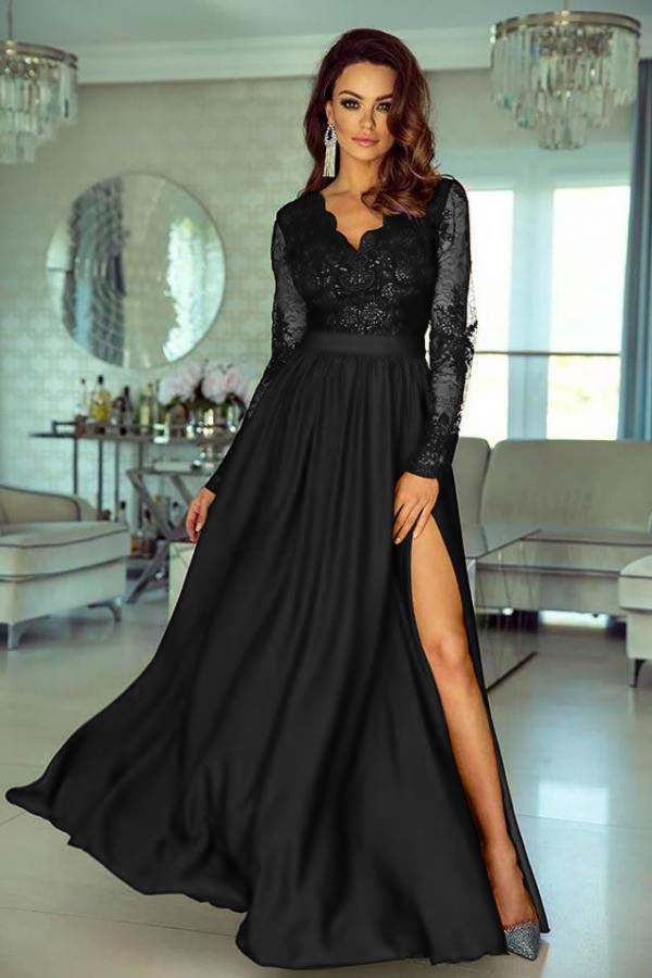 Charming V Neck Long Sleeves Lace A Line Long Prom Dress With Side Split BMBRIDE