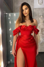 Classic Red Off-The-Shoulder Prom Dress with Ruffles and Slit BM bride