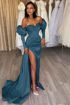 Red Off The Shoulder Mermaid Split Prom Dress Sweetheart With Diamond Appliques