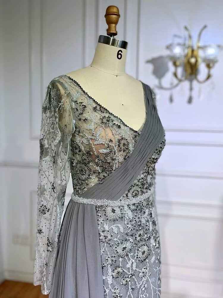 Exquisite V Neck Long Sleeves Appliques Bead Embroidery Prom Dress