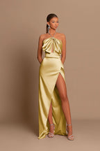 Chic Pink Sleeveless Evening Dress with Strapless Design and Side Slit Pleats BM bride