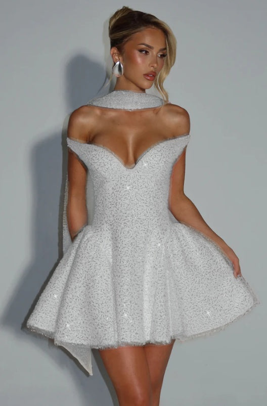 Off the Shoulder Sleeveless Short A Line Prom Dress With Sequin BMBRIDE