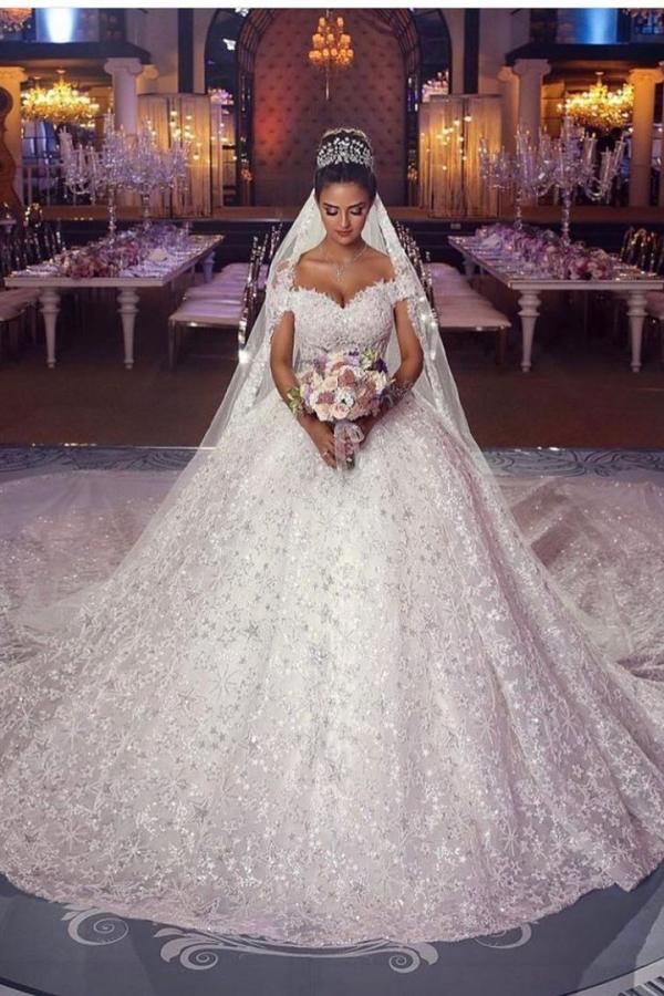 Long Sleeveless Princess Off-the-Shoulder Lace Wedding Dress BM bride