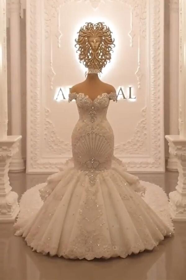 Off-the-Shoulder Floor-Length Backless Mermaid Wedding Dress with Crystal BM bride
