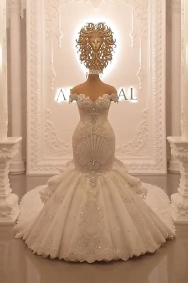 Off-the-Shoulder Floor-Length Backless Mermaid Wedding Dress with Crystal BM bride