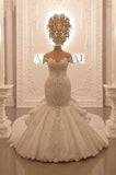 Off-the-Shoulder Floor-Length Backless Mermaid Wedding Dress with Crystal BM bride