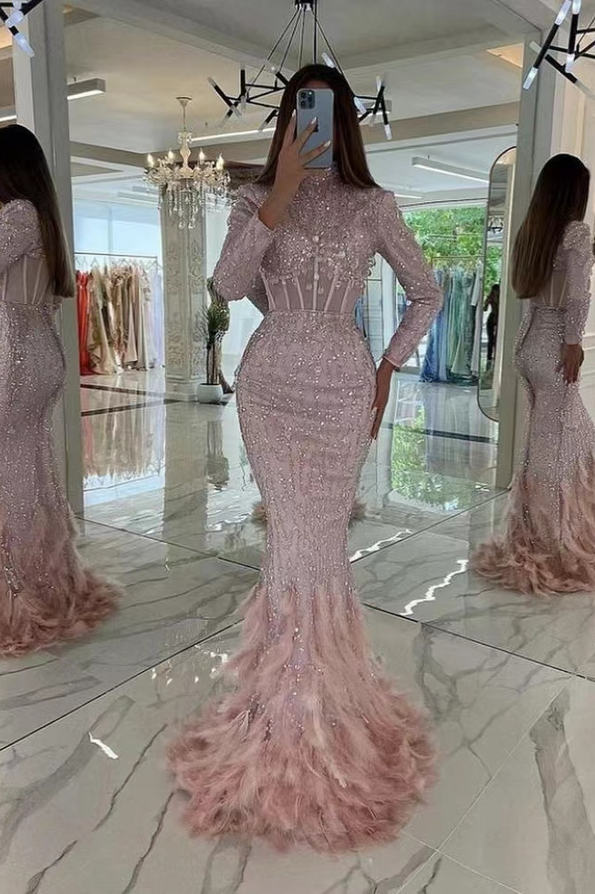 Chic Pink Long Prom Dress With Feather Long Sleeves Sequins