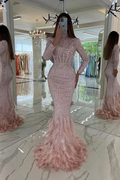 Chic Pink Long Prom Dress With Feather Long Sleeves Sequins