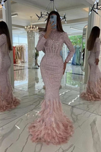 Chic Pink Long Prom Dress With Feather Long Sleeves Sequins