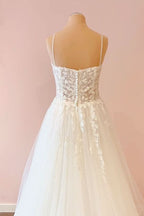 Pretty A-Line Spaghetti Strap Sweetheart Tulle Wedding Dress with Lace Appliques BM bride