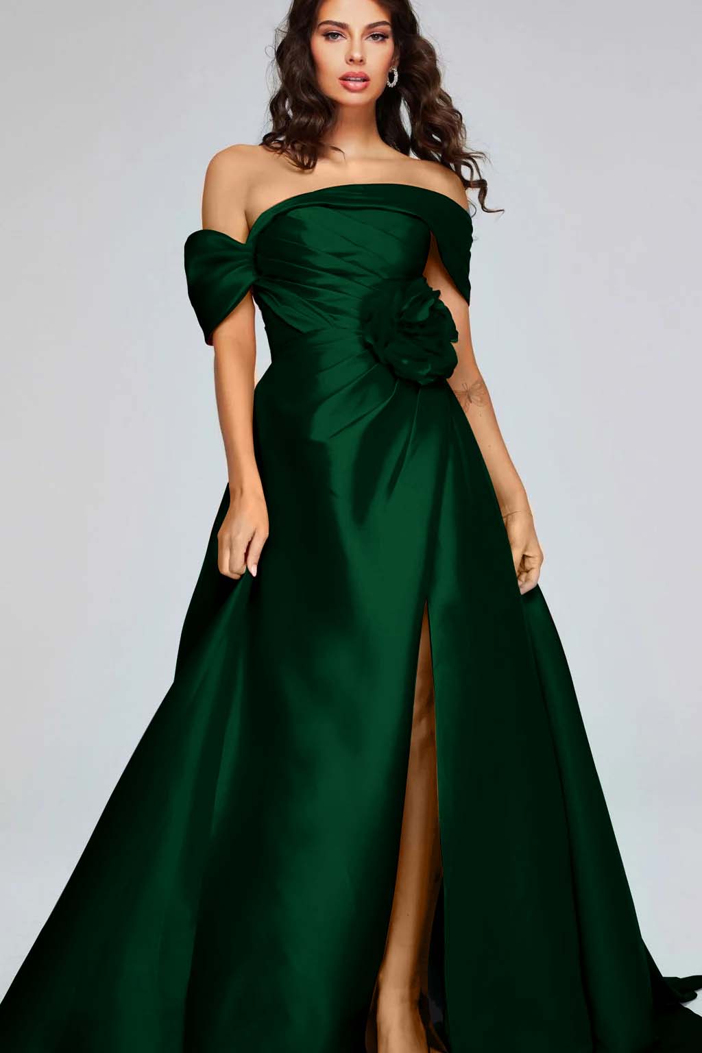Off the Shoulder Sleeveless Long Split Prom Dress With Pleated BMBRIDE