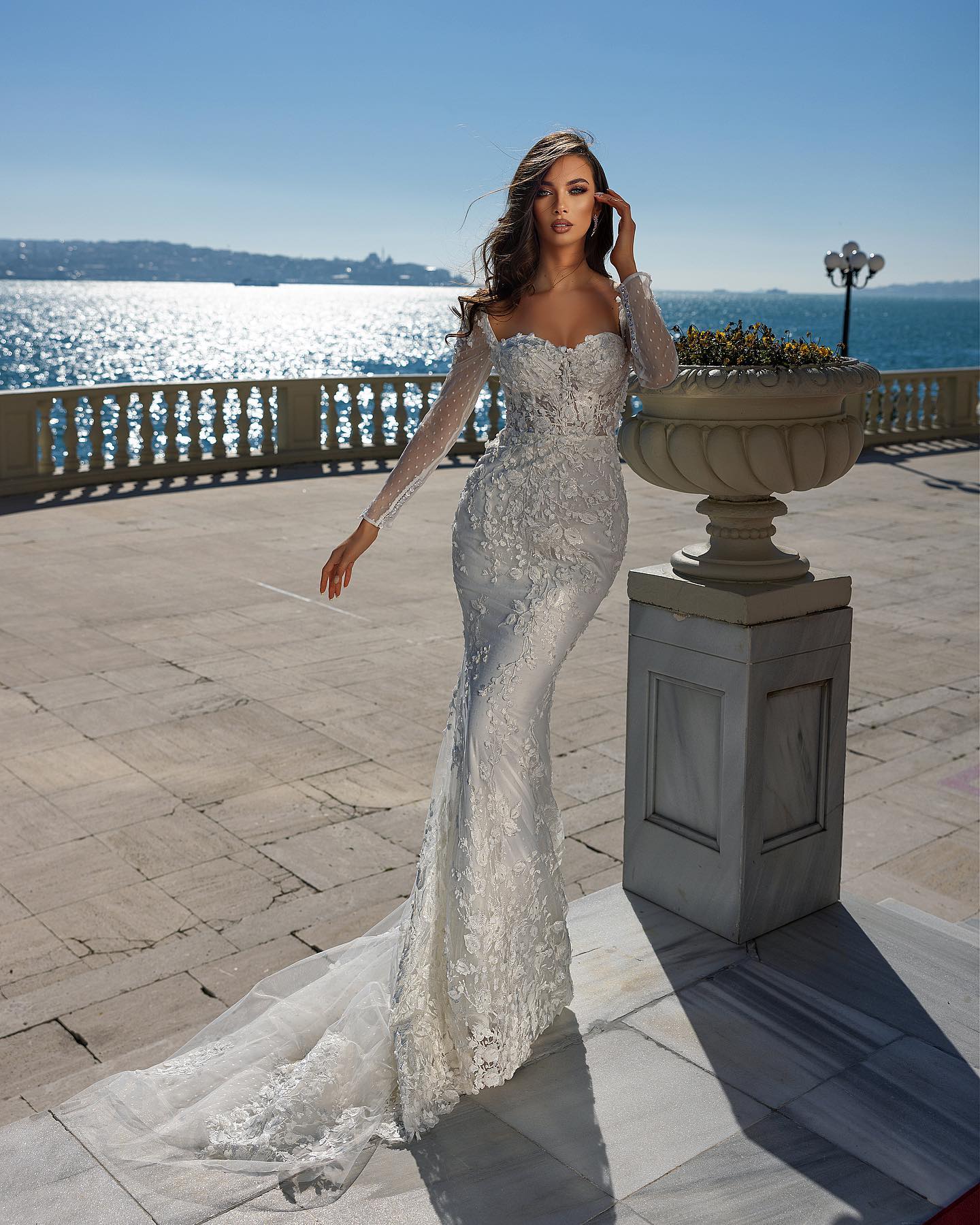 Gorgeous Sweetheart Long Sleeve Lace Mermaid Wedding Dress with Detachable Train BM bride