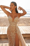 Nude Spaghetti Strap Mermaid Wedding Dress with Beaded Split BM bride