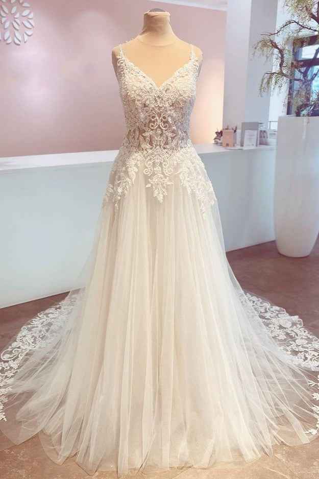 Spaghetti Strap Backless A-Line Wedding Dress with Train and Lace Appliques BM bride