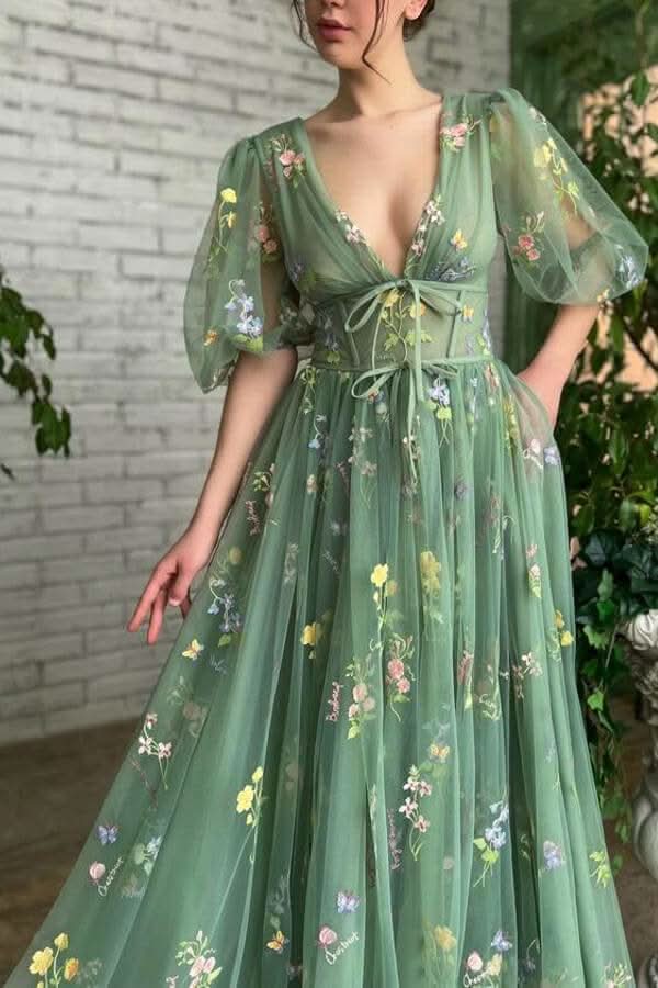 Gorgeous Deep V-Neck Evening Dress Half Sleeves with Embroidery Flowers and Tulle BM bride