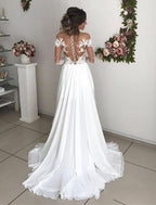 Long A-Line Long Sleeve Wedding Dress with Chiffon Lace and Slit BM bride