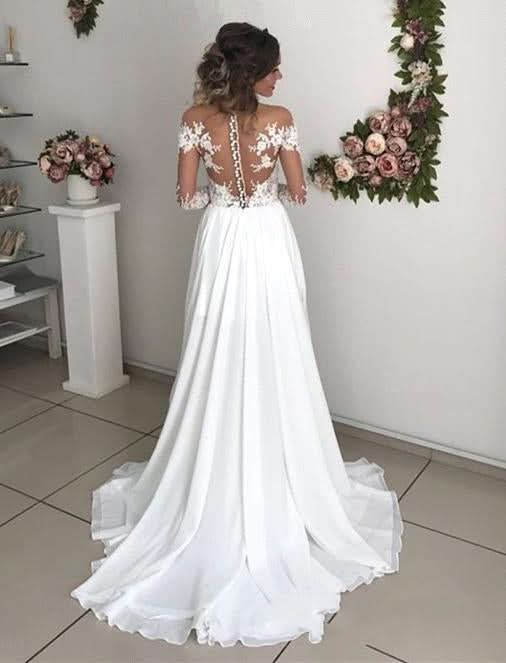 Long A-Line Long Sleeve Wedding Dress with Chiffon Lace and Slit BM bride