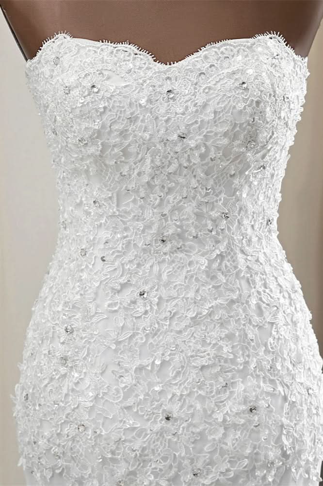 Strapless Lace Applique Long Mermaid Wedding Dress with Beading BM bride