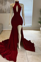 Glorious Red High-Neck Front Split Mermaid Prom Dress Online BM bride