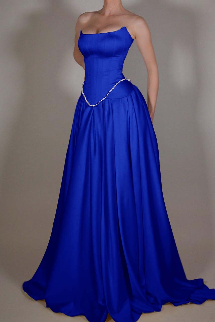 Strapless Sleeveless Long A Line Prom Dress With Pleated Beading BMBRIDE