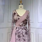 Pink Long Sleeve Evening Dress with Beaded Lace Printing and Chiffon Train BM bride