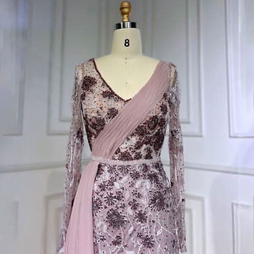 Pink Long Sleeve Evening Dress with Beaded Lace Printing and Chiffon Train BM bride