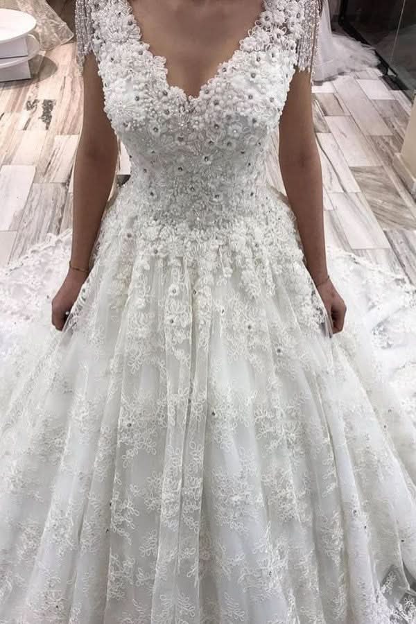 A-Line Tulle Off-the-Shoulder Long Wedding Dress With Lace Appliques BM bride