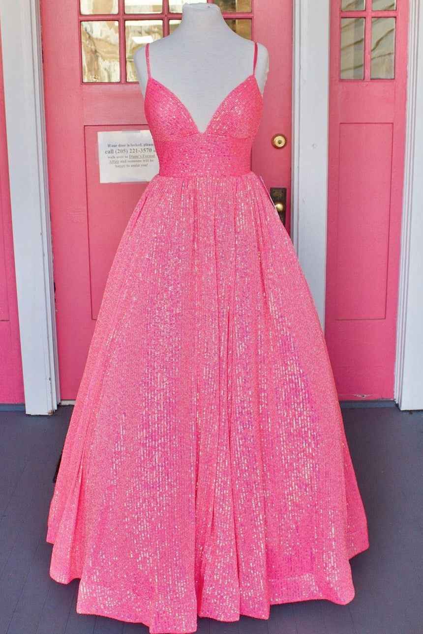 Shining Sequins V-Neck Spaghetti Strap Sleeveless Long A Line Prom Dress