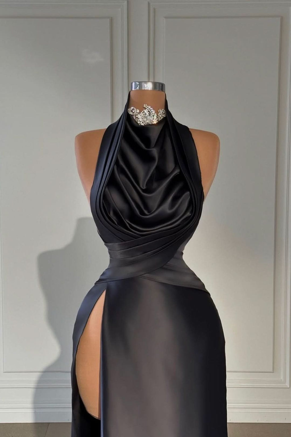 Black Long Halter Evening Dress with High Slit and Pleats BM bride