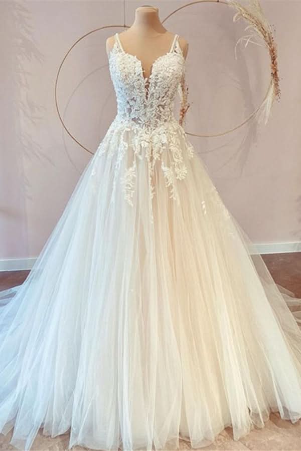 Long Princess Wedding Dress Sweetheart Lace With Tulle Appliques BM bride