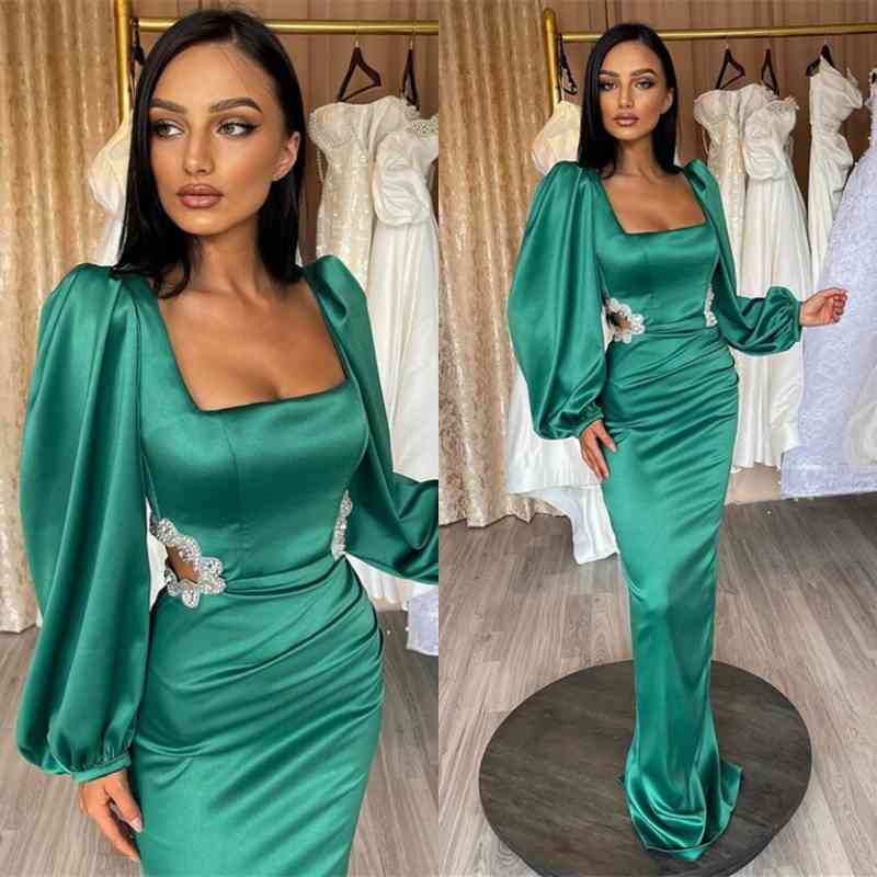 Gorgeous Green Long Evening Dress Prom Dress Long Sleeves Square Hollowing Out with Rhinestone BM bride