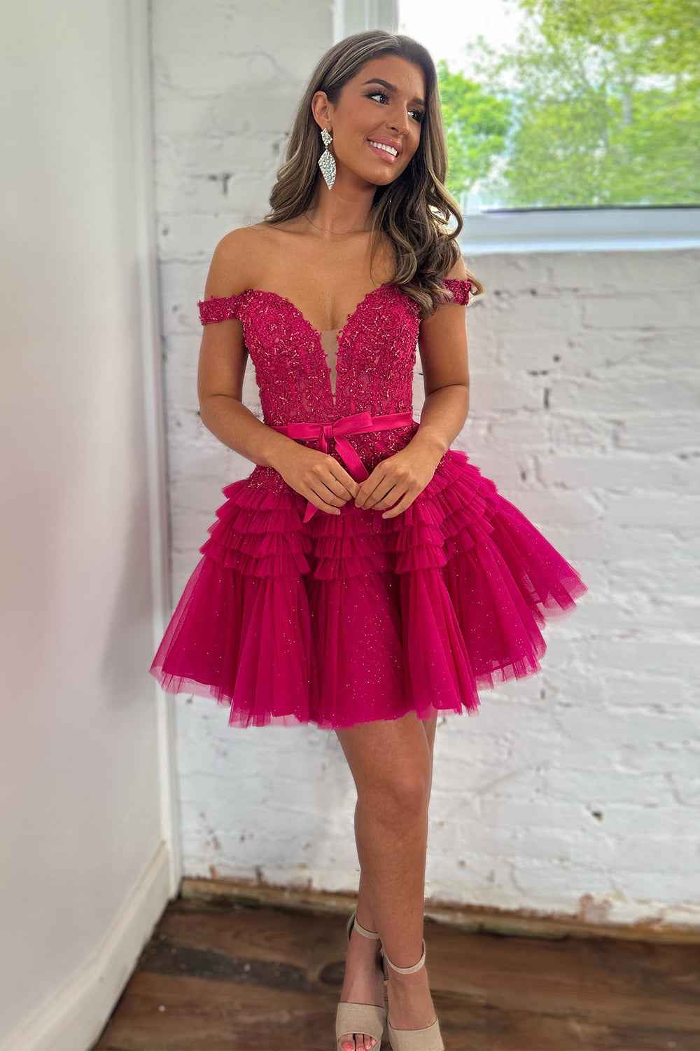 Sparkly Fuchsia Tiered A-Line Tulle Short Homecoming Dress with Lace Bmbride