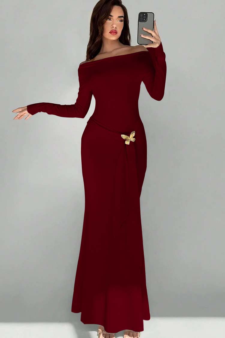 Off the Shoulder Long Sleeves Long Mermaid Prom Dress With Appliques BMBRIDE