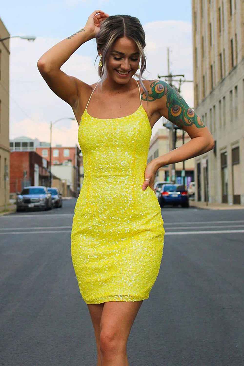 Sparkly Pink Tight Yellow Sequins Homecoming Dress Bmbride