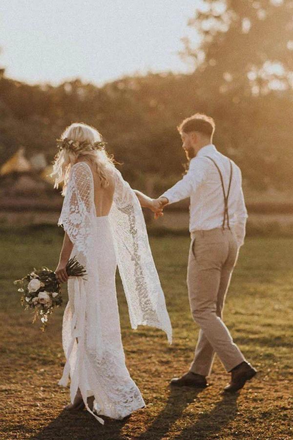 Beach Ivory Wedding Dress with Batwing Sleeves and Rustic Lace Back for a Charming Look BM bride