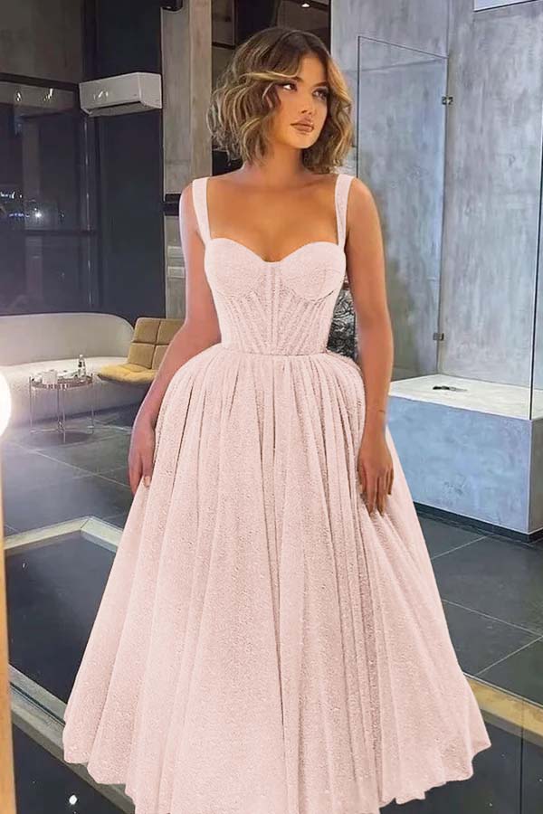 Gorgeous Spaghetti Strap Sweetheart Sequins Prom Dress With Tulle BMBRIDE