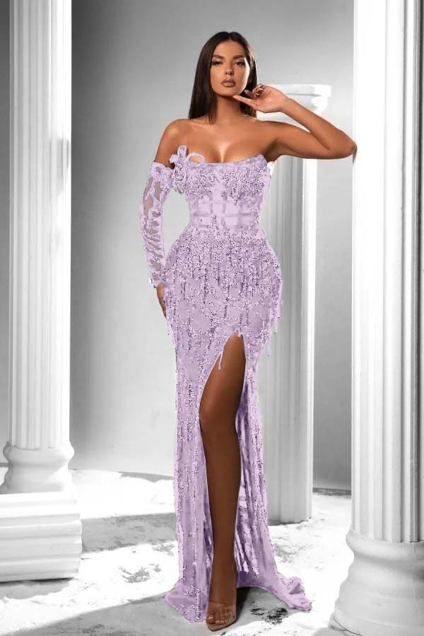 Strapless Long Sleeve High Split Long Prom Dress With Appliques BMBRIDE