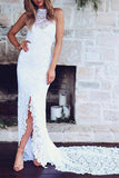 High Neck Lace Summer Beach Wedding Dress BM bride