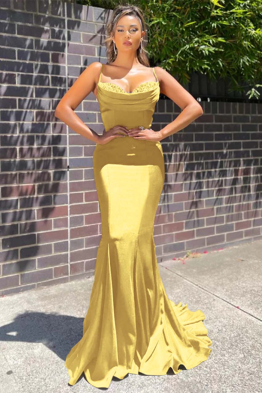 Long Spaghetti Strap Sleeveless Mermaid Ruffles Prom Dress With Beadings