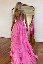 A Line Sweetheart Light Blue Long Tiered Chiffon Prom Dress with Appliques