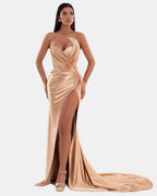 Sexy Royal Blue Prom Dress V Neck with High Slit Pleated Strapless Sleeveless BM bride