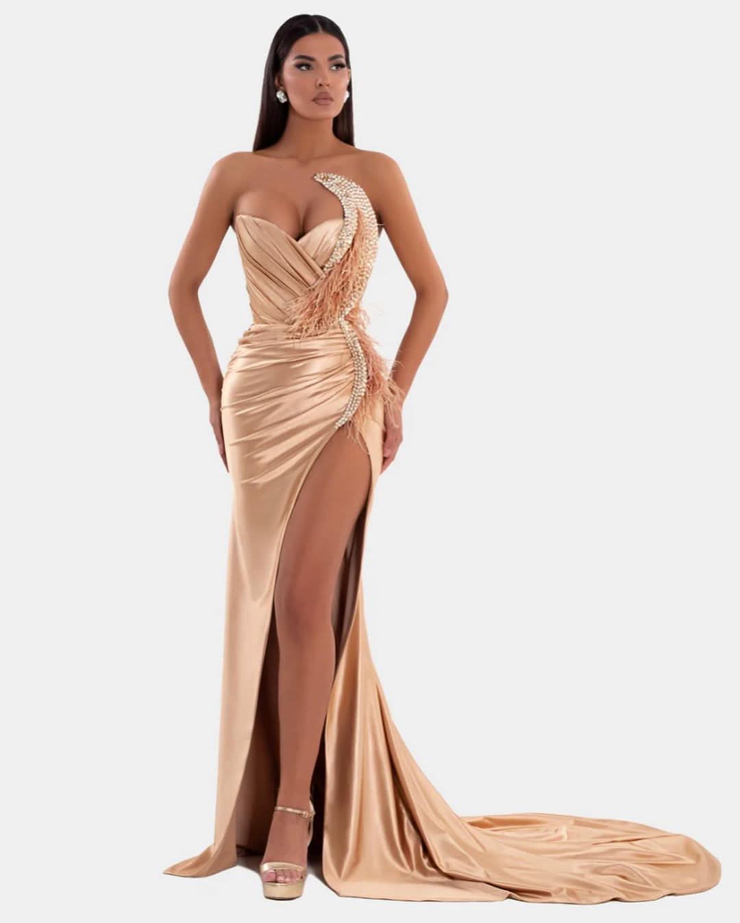 Sexy Royal Blue Prom Dress V Neck with High Slit Pleated Strapless Sleeveless BM bride
