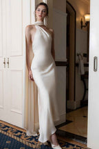 White Halter Backless Sleeveless Long Prom Dress With Pleated