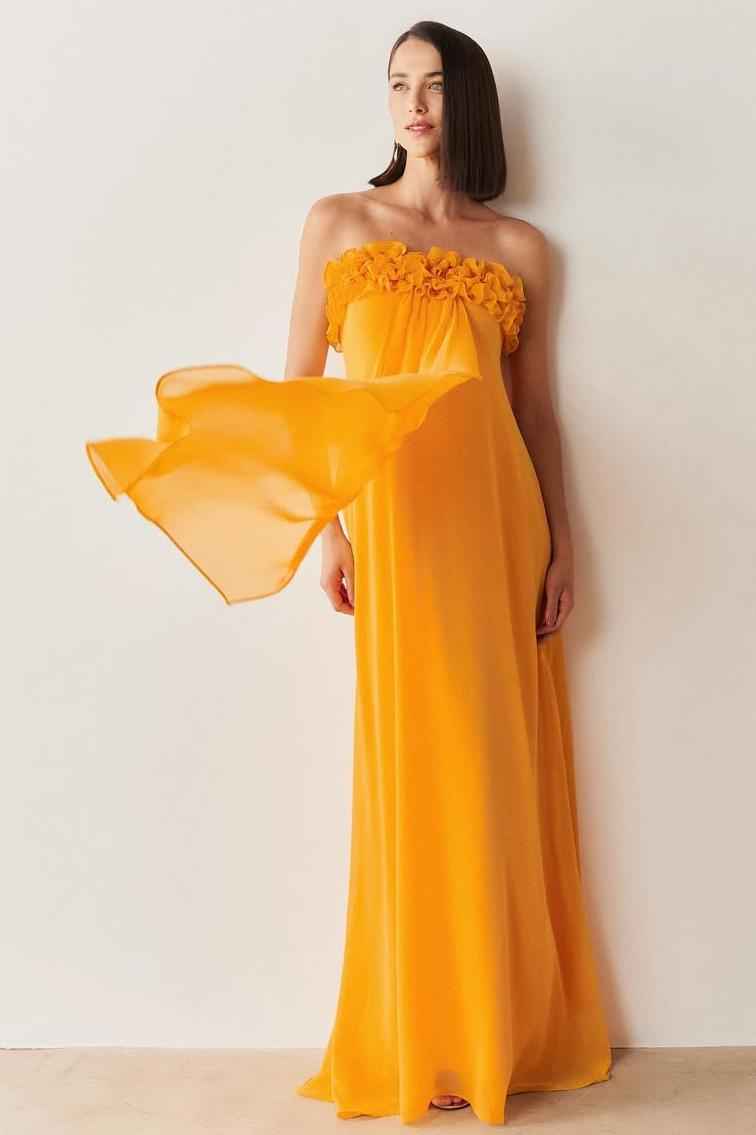 Chiffon Strapless Sleeveless Long Prom Dress With Pleated Ruffle