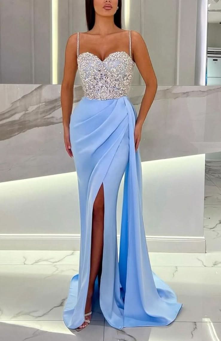 Baby Blue Prom Dress with High Slit, Spaghetti Strap Sweetheart Appliques BM bride