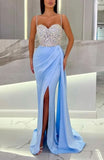 Baby Blue Prom Dress with High Slit, Spaghetti Strap Sweetheart Appliques BM bride