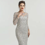 Grey Luxury Long Sleeves Evening Dress with Sparkly Diamond Beading BM bride