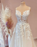 A-line Spaghetti-Straps Wedding Dress With Lace Appliques Tulle BM bride